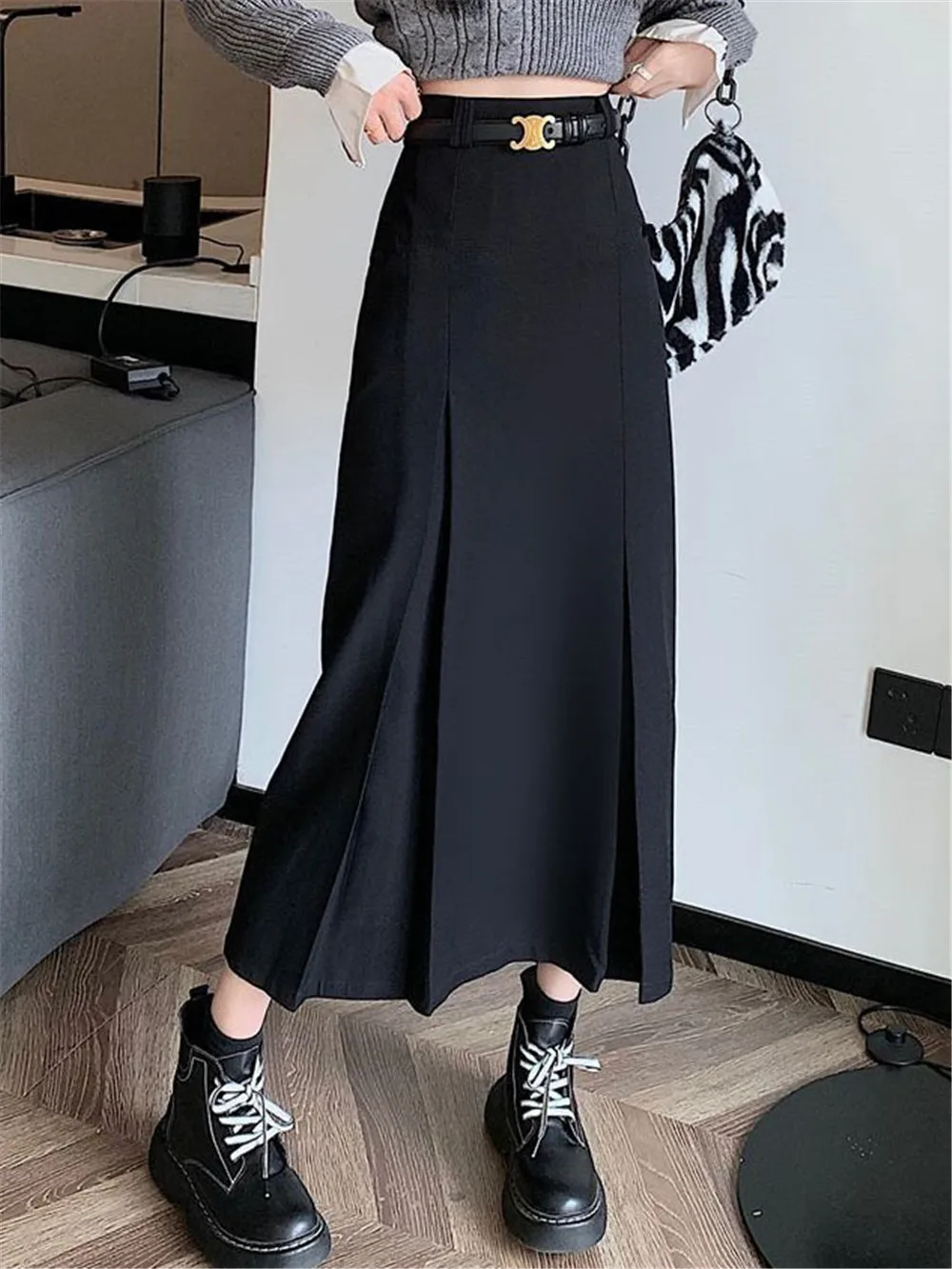 S-3xl Straight Long Irregular Pleated Suit Skirt Women Autumn Korean High Waist Black Midi Skirts Female Gray Preppy Streetwear