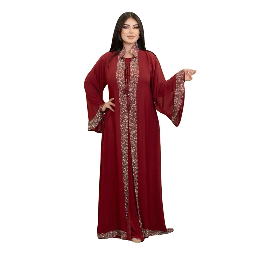 

Eid Dubai Chiffon Diamonds Kimono Abaya Inner Dress 2pcs Set for Women Kaftan Turkey Ramadan Musulmane Femme Robe Islam Jalabiya