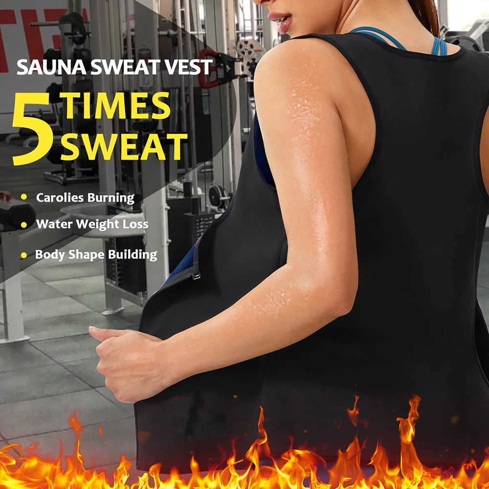 Women's Sleeveless Sauna Suit Zipper Waist Trainer Vest Sweat Tank Top Shaper Tummy Control for Weight Loss Ladies Gym Clothing