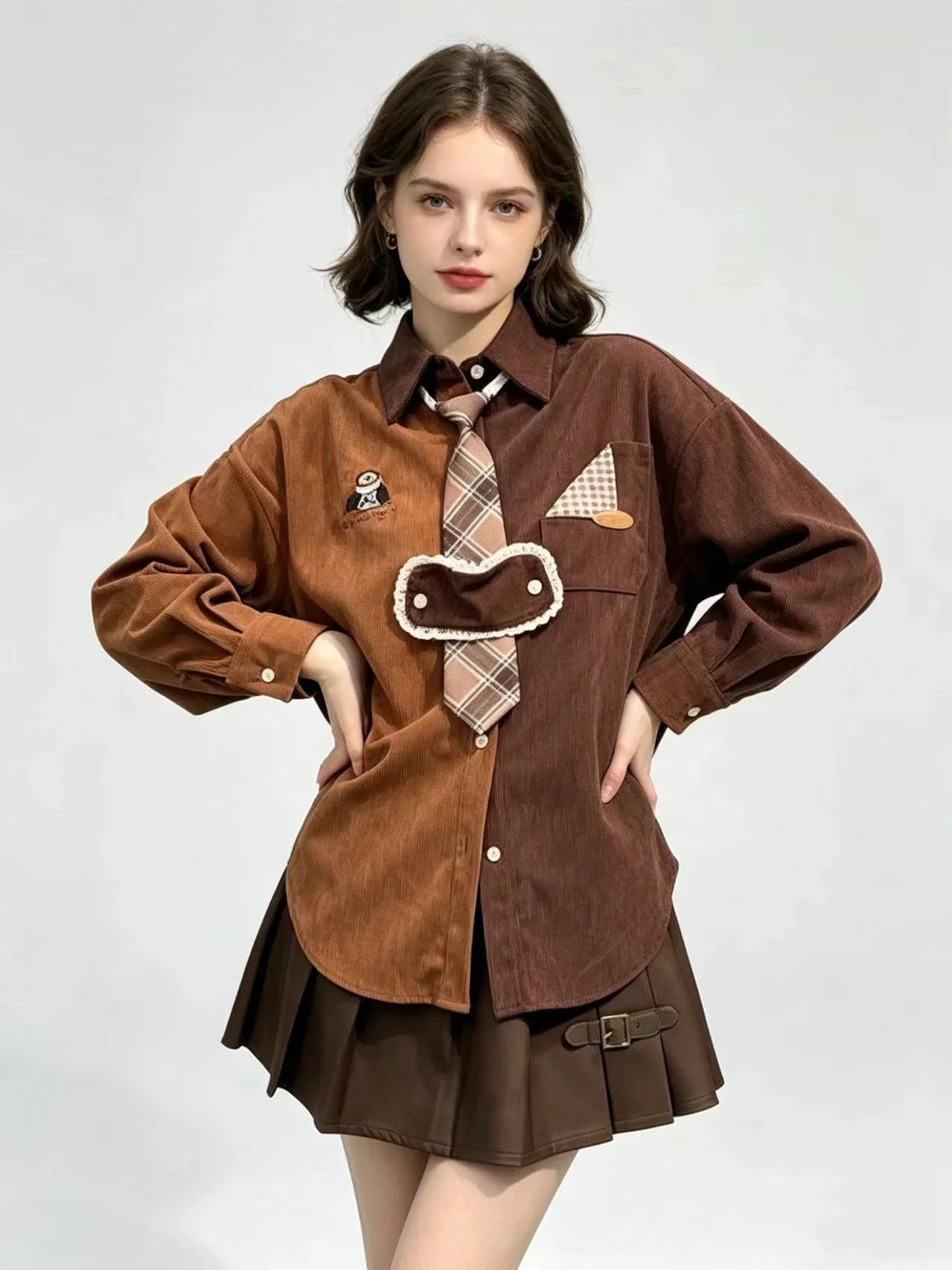 Women Pink Patchwork Shirts and Blouses Korean 2000s Harajuku 90s Vintage Elegant Streetwear Long Sleeve Two-tone Shirt Clothes