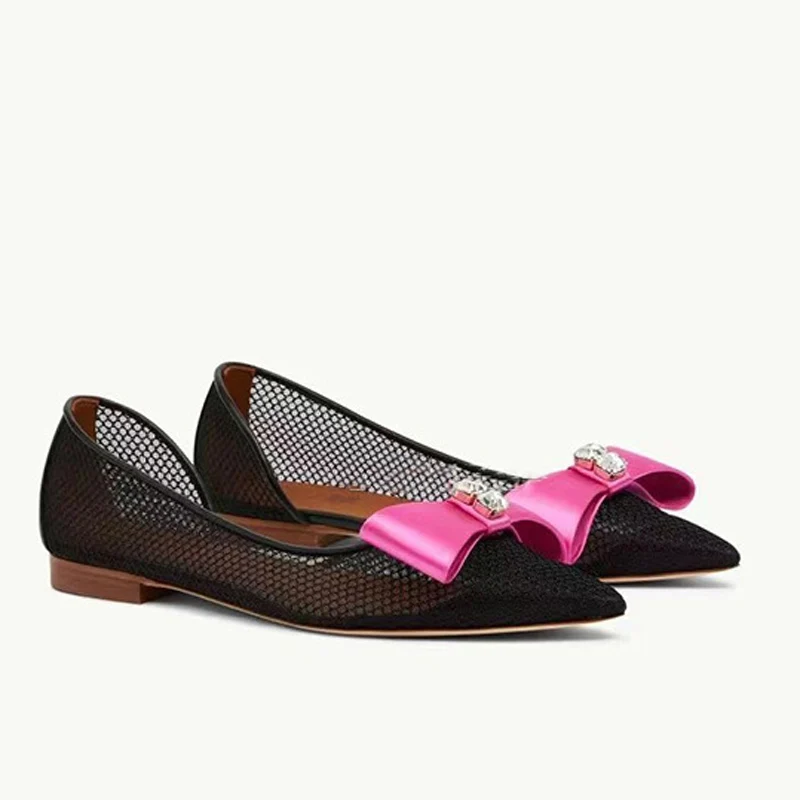 Bling Rhinestone Rose Silk Butterfly Knot Mesh Flats Shoes Women Bowtie Pointed Toe Loafers Summer Black Fishnet Shoes