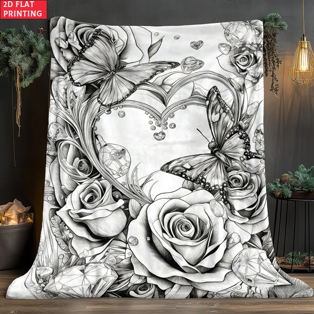 1pc 2D Flat HD Line‑Art Frame with Heart, Butterfly and Rose Printed Throw Blanket, Soft Warm All‑Season Blanket for  Camping
