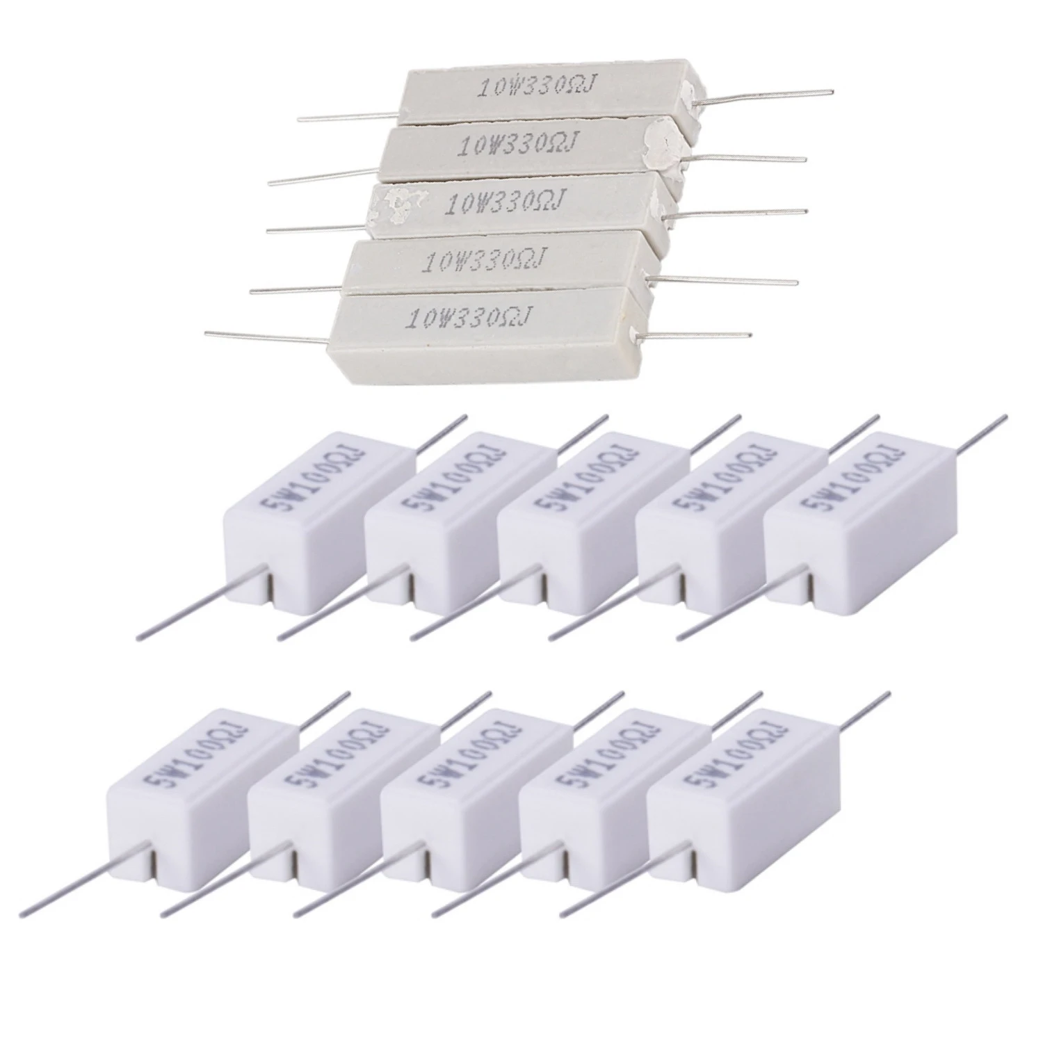 

CABE-15 Pcs Wirewound Cement Resistors 5% White, 5 Pcs 330 Ohm 10W Watt & 10 Pcs 100 Ohm 5W Watt