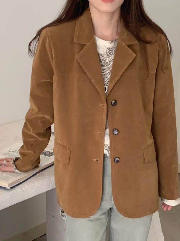 Retro Chic Lange Sve Revers Single Button frauen Casual Jaet Oberbekleidung Deer Haut Samt Lose Fit Koreanische Sle Mantel