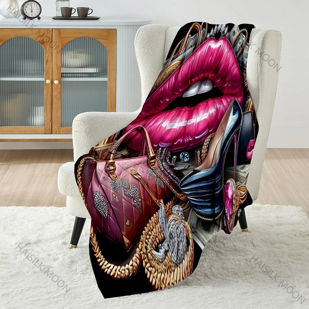 Bag Lipstick High Heels Fashion Print Blanket Flannel Material Soft Warm for All Seasons Home Outdoor Camping Picnics