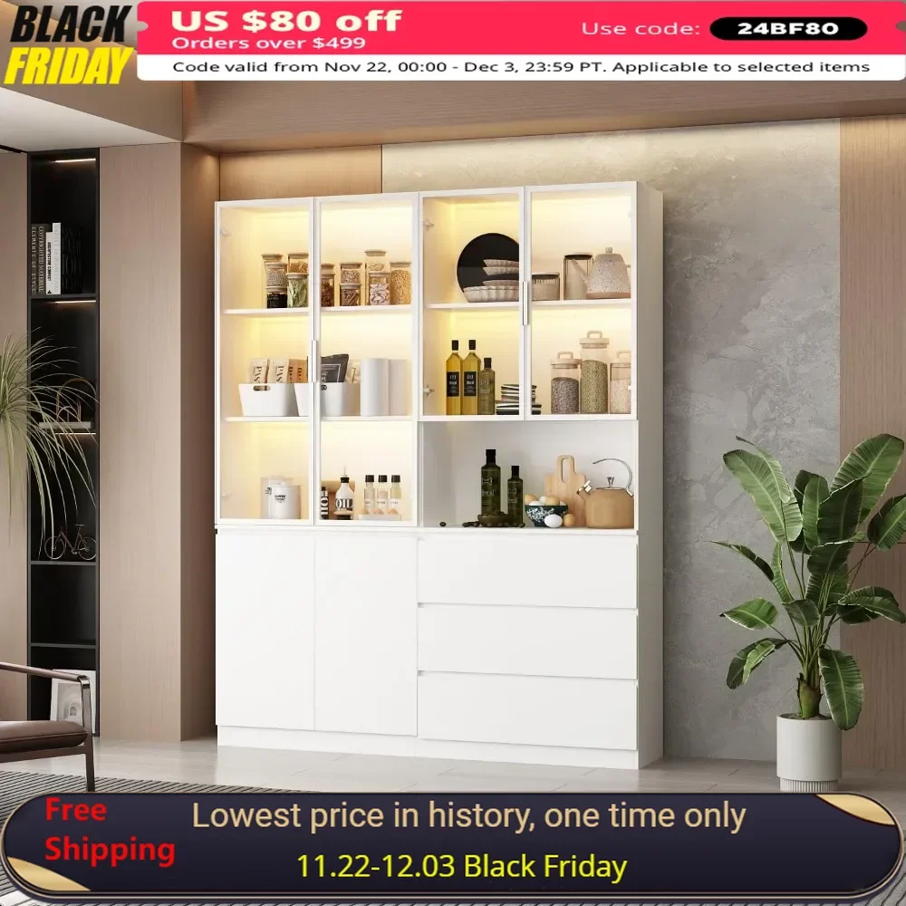 

Display Cabinet with LED Lights, 4 Glass Doors & 3 Drawers, Storage Cabinets with 5- Tier Shelves & Worktop, Display Cabinet