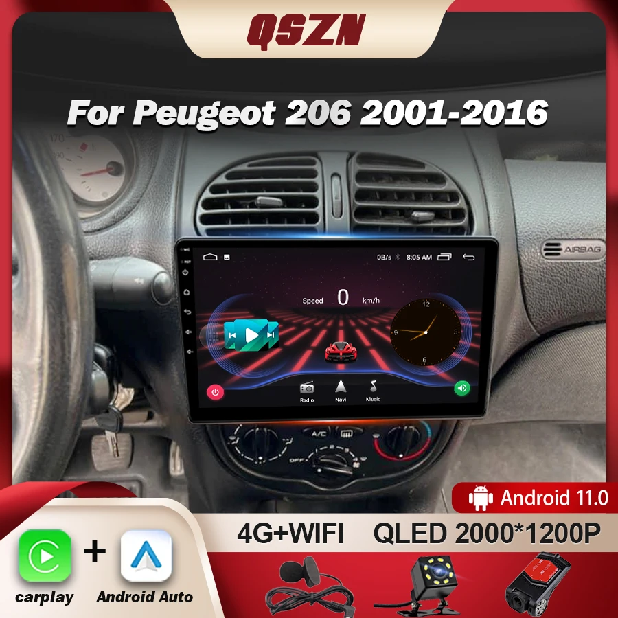 

QSZN Android 13 для Peugeot 206 2001-2016 автомобильное радио стерео Мультимедийный аудио плеер GPS-навигация головное устройство Авторадио автомобильное радио