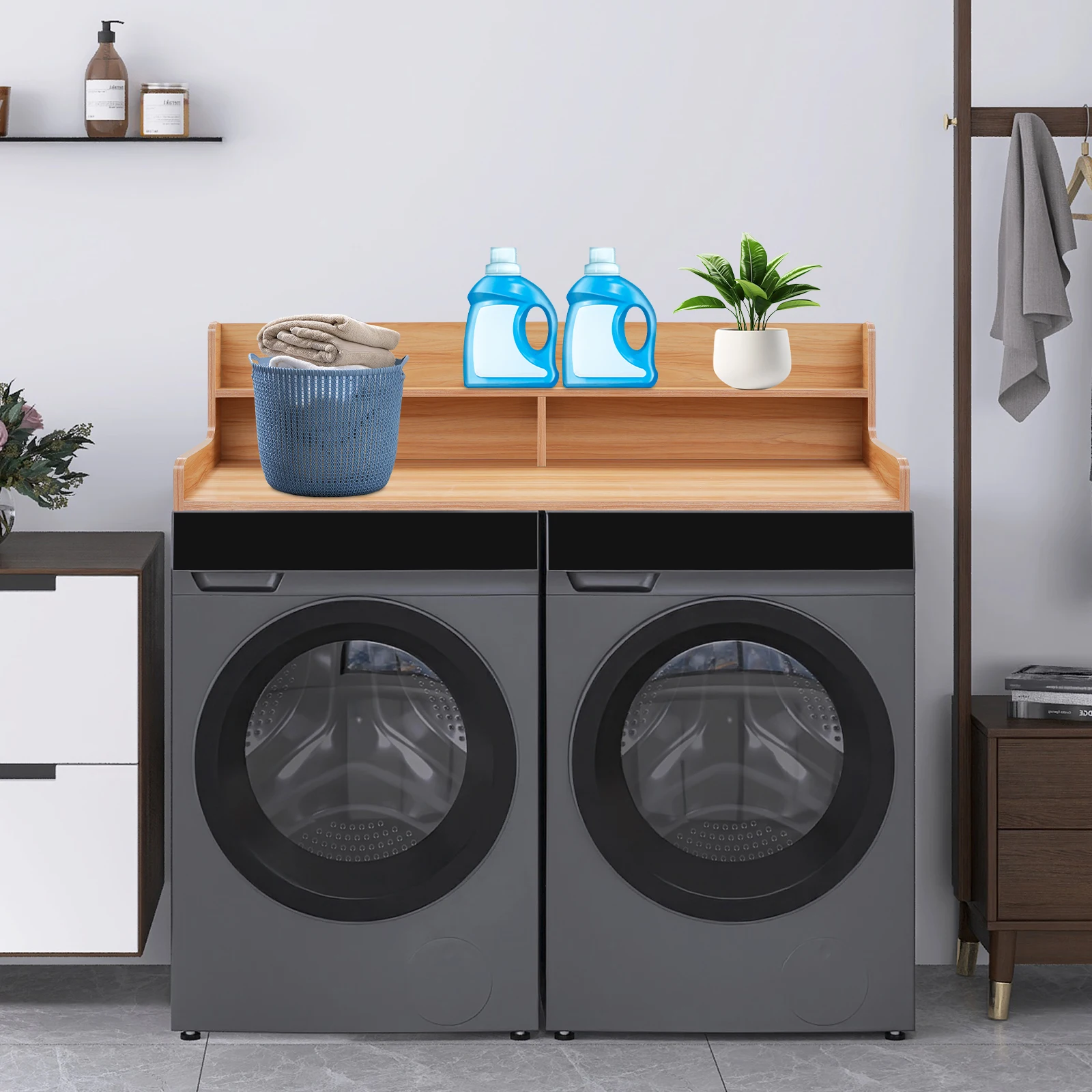 

Wood Washing Machine Storage Rack Upper Shelf Bathroom Balcony Floor Wave Roller Storage Rack 54*23.62*12in