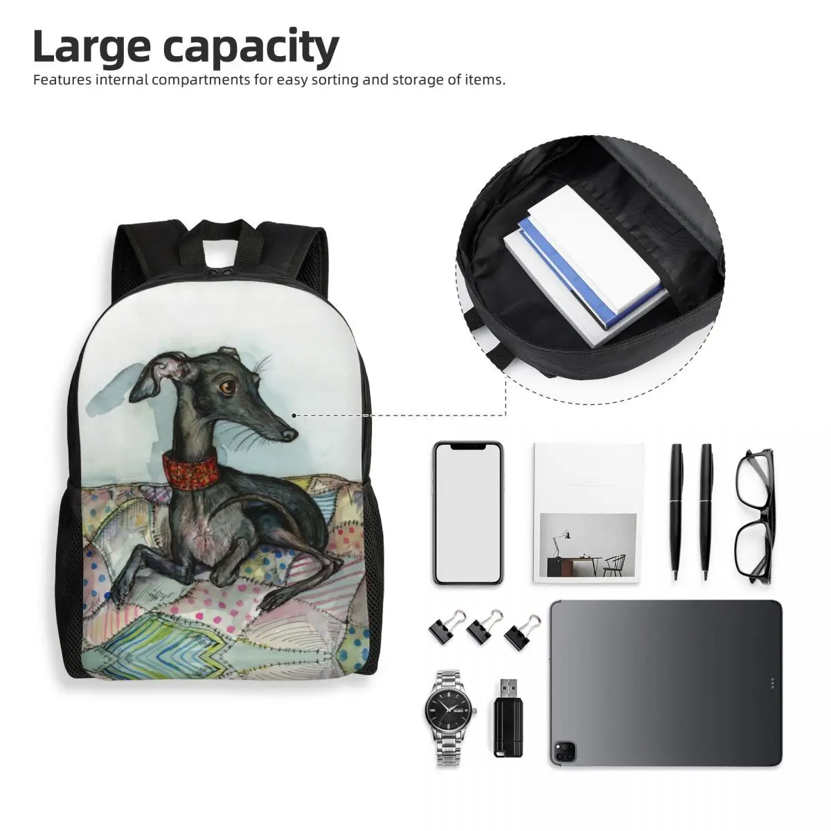 Greyhound Whippet Dog Backpack for Women Men Waterproof School College Bag Printing Bookbag