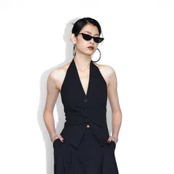 Women's Sleeveless Black Vest Halter Neck Short Slim Fit Design Female Coat Winter New in Matching Sets 2023 New  Promotion