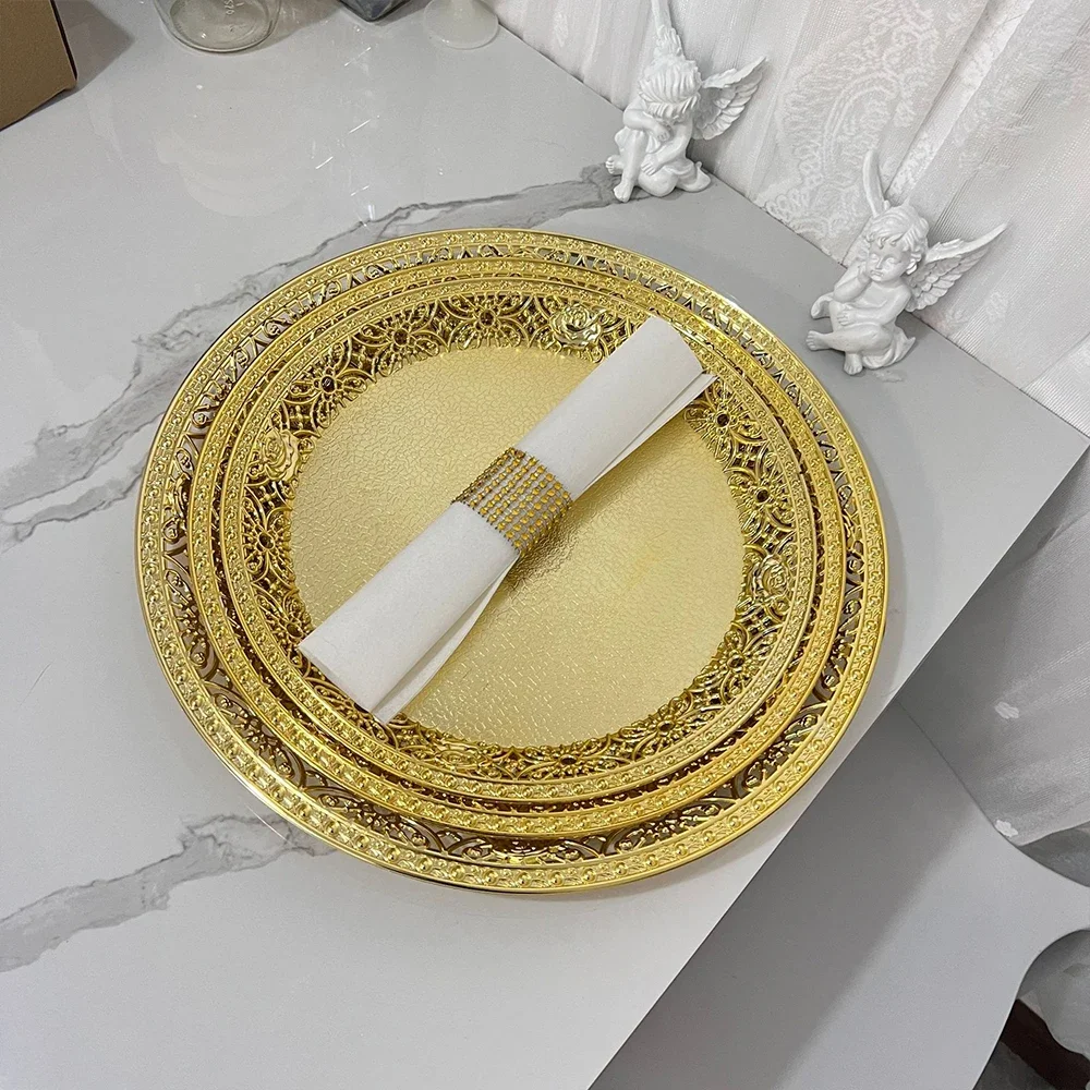 5/10/20/50/100pcs 32cm Hollow Out Gold Charger Plates Retro Lace Flower Plastic Plate Wedding Banquet Table Decor Serving Tray