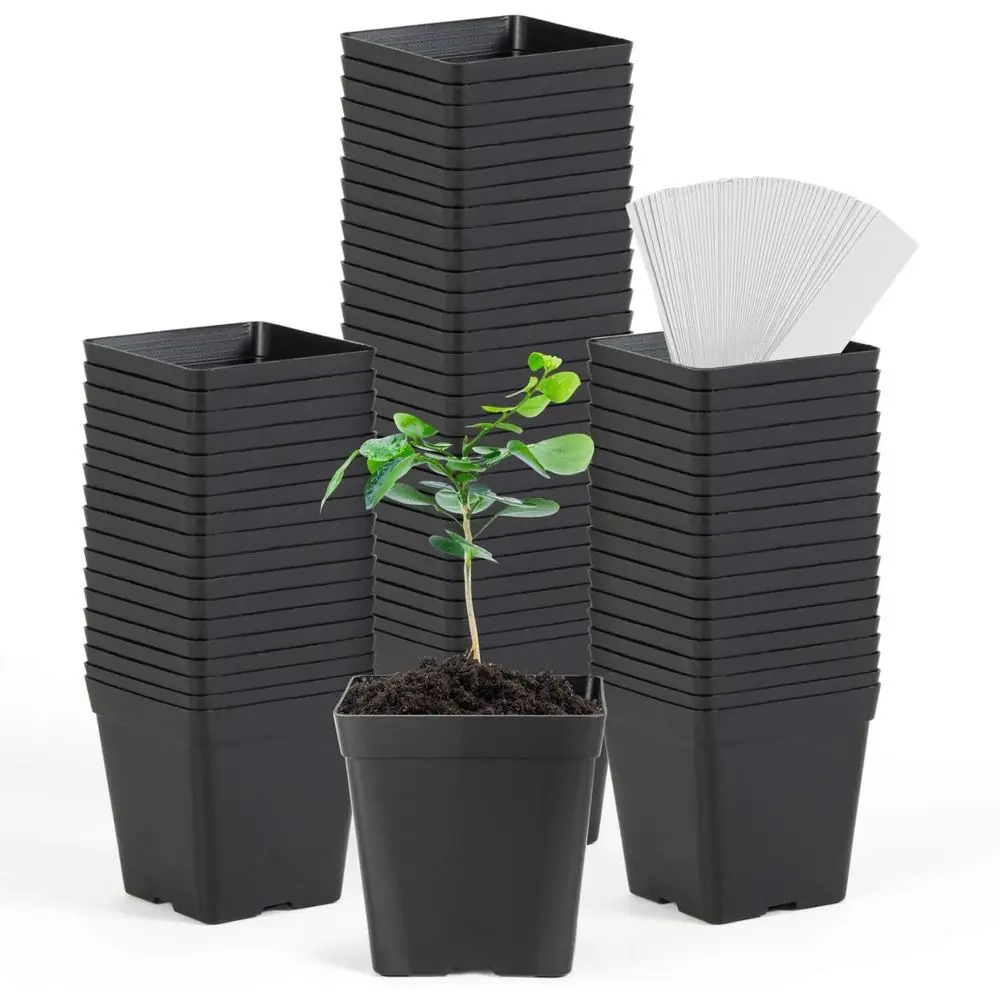 3.3 Inch Flexible Plastic Square Seedling Pots, 60 Pack with 60 Plant Labels