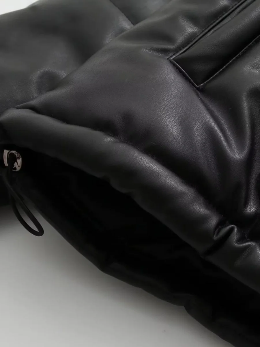 Damska luźna kurtka zimowa z PU skóry, ocieplana, wiatroodporna, z kapturem, codzienna, bawełniana, streetwearowa, zapinana na zamek, o regularnej długości.