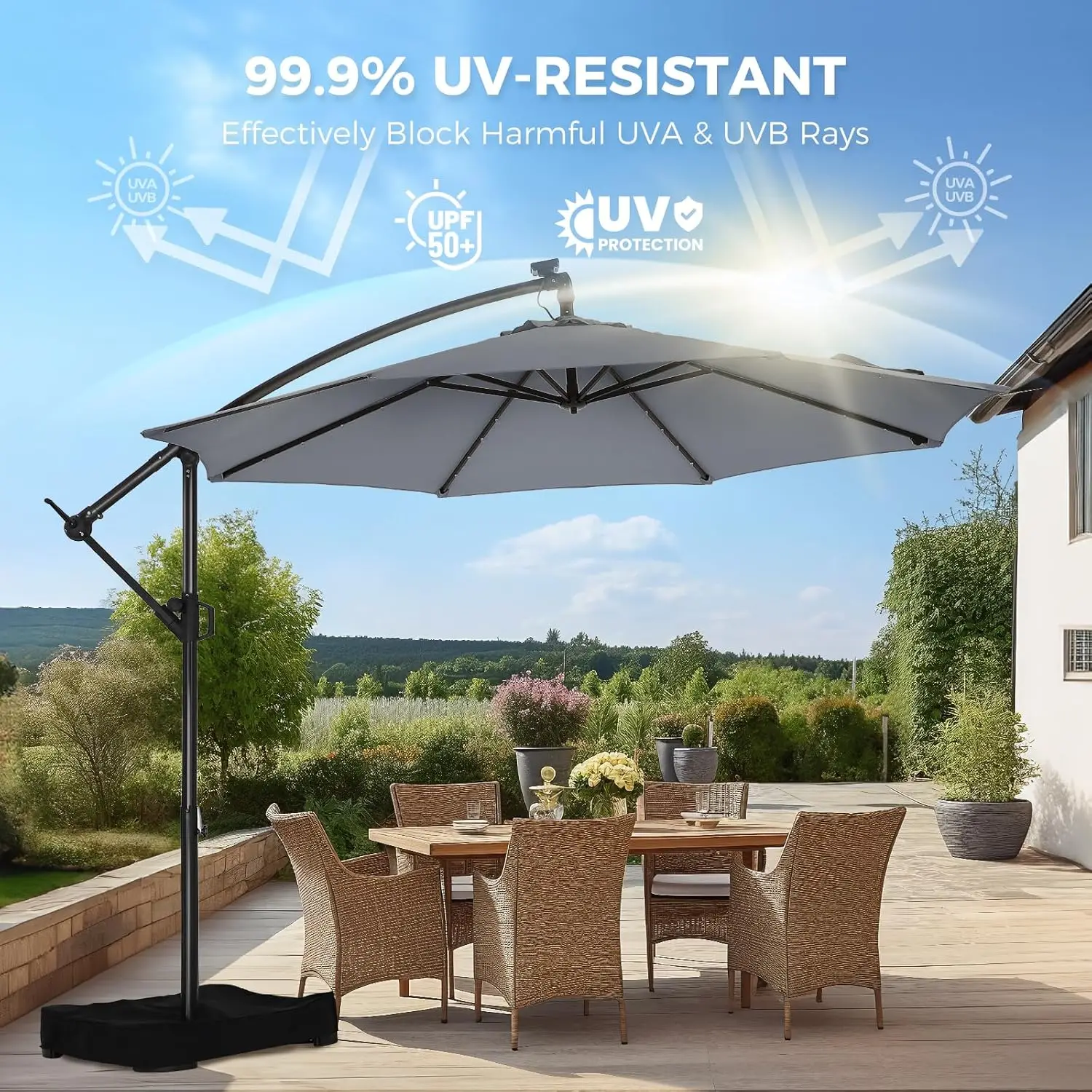 10ft Solar Lights Offset Cantilever Patio Umbrella - w/Light and Base, LED Lighted Offset Hanging Patio Outdoor Market Umbrella