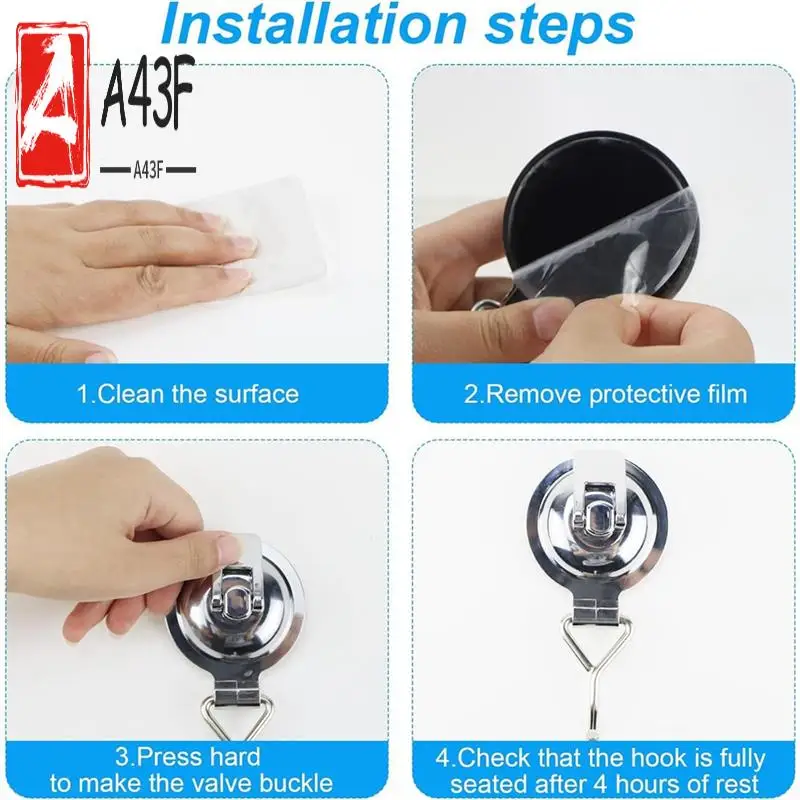 

A43F-4PCS Heavy-Duty Suction Cup Hooks For Towel, Robe, Loofah & Wreath, For Bathroom & Kitchen, No Tools Required