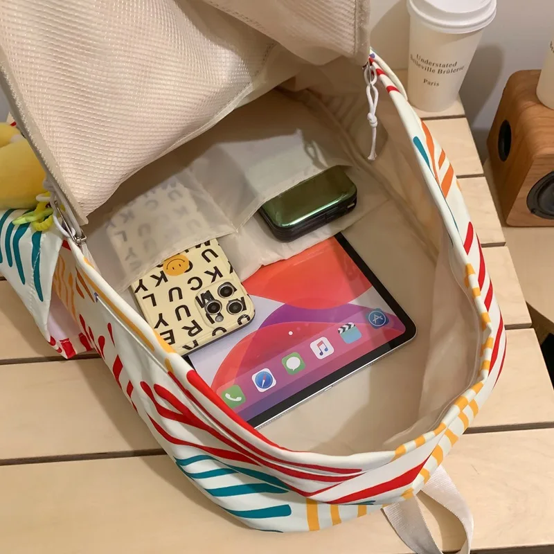 حقيبة مدرسية للطالبات الجامعيات في المدرسة الثانوية في الحرم الجامعي، حقيبة كتف مخططة بألوان قوس قزح #5