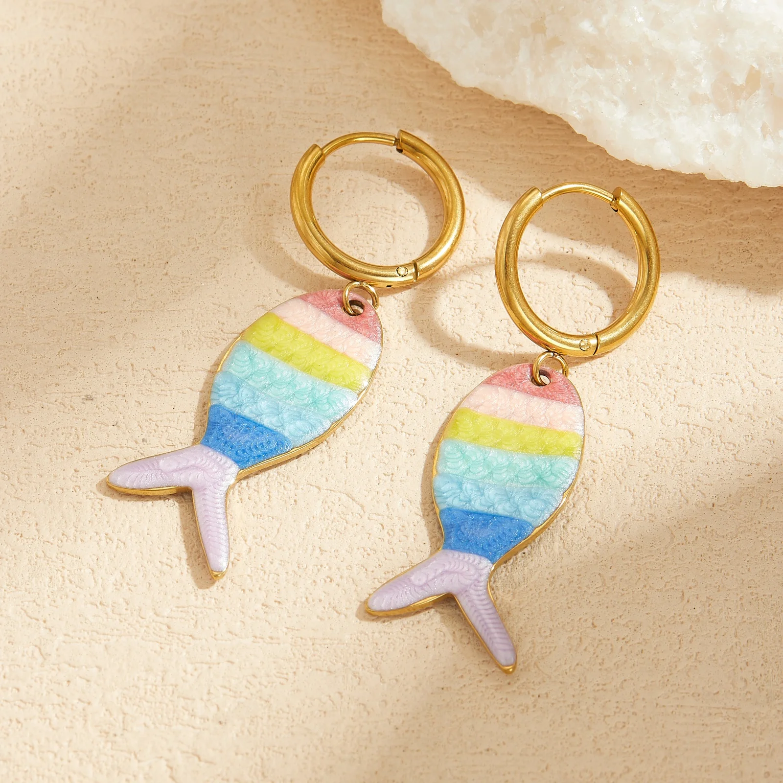 Stainless Steel Rainbow Enamel Fish Dangle Hoop Earrings Women Colorful Striped Sea Animal Drop Earrings Jewelry