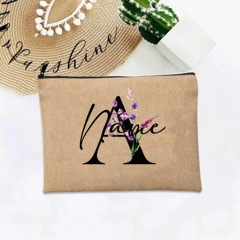 Personalized Floral Letter Linen Makeup Bag Custom Name Cosmetic Pouch Lightweight Travel Toiletry Organizer with Zipper Closure