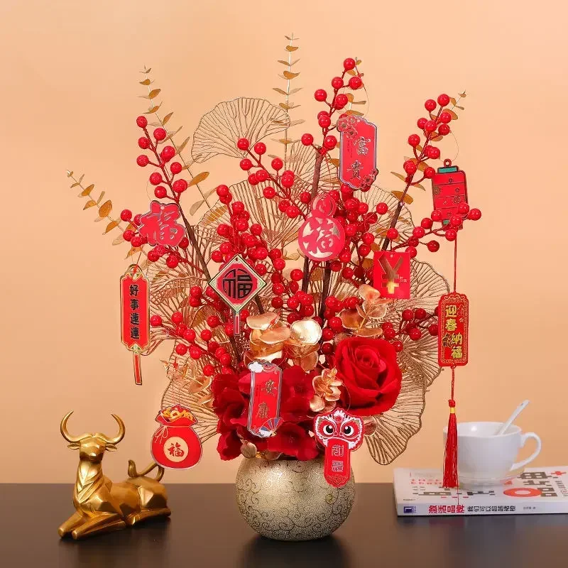 

Fake Red Fortune Fruit Ceramic Vase Set Accessories Art New Year Wedding Opening Ornaments Home Livingroom Furnishing Decoration