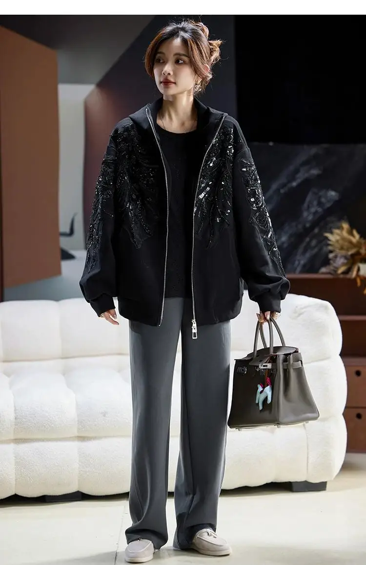 SuperAen Fashion Embroidered Flares Hooded Jacket for Women Spring and Autumn 2025 New Loose Oversize Casual Coats