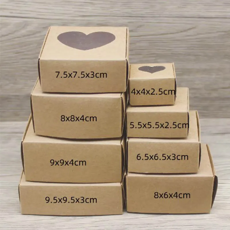 50Pcs Multi Sizes Kraft Paper Box With Heart Window Jewelry Display Cases Candy Small Gift Packaging Boxes For Party Decorations