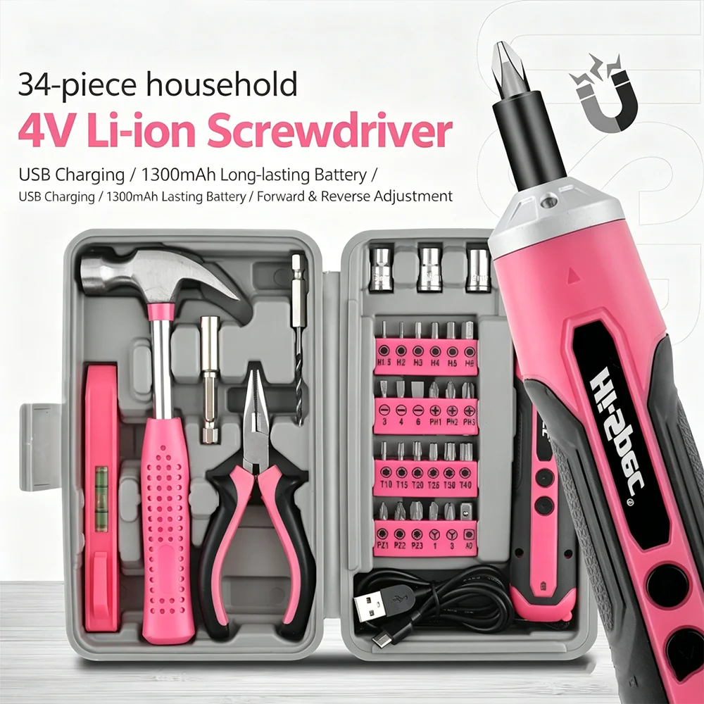 

34PCS 3.6V USB Cordless Electric Screwdriver Pink Compact Home Tool Set Leveling Device&CR-V Pliers-Women's DIY Repair Kit