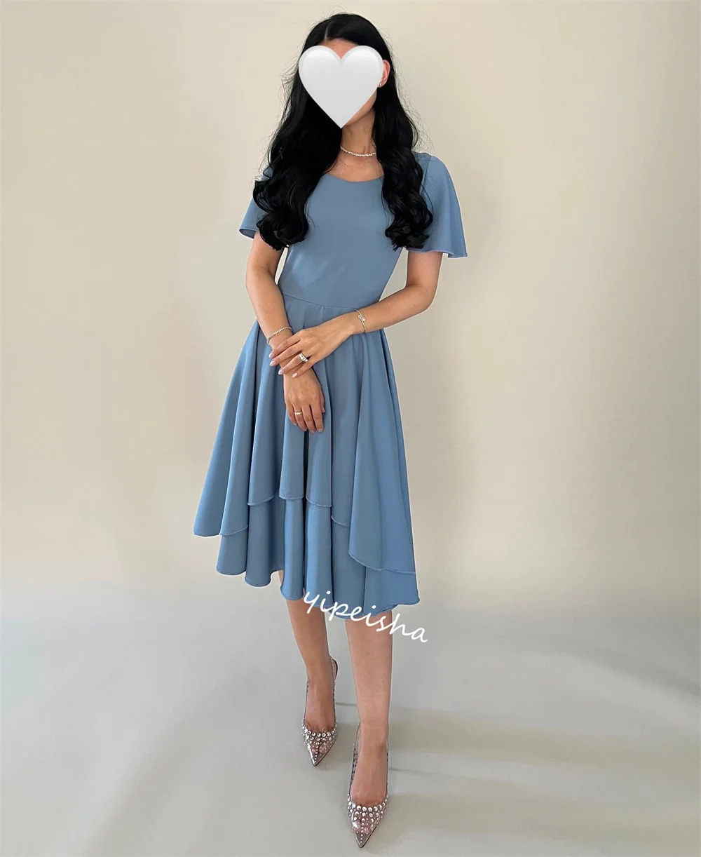  Evening Prom  Saudi Arabia Jersey Ruffles Birthday A-line O-Neck Bespoke Occasion Gown Knee Length es  