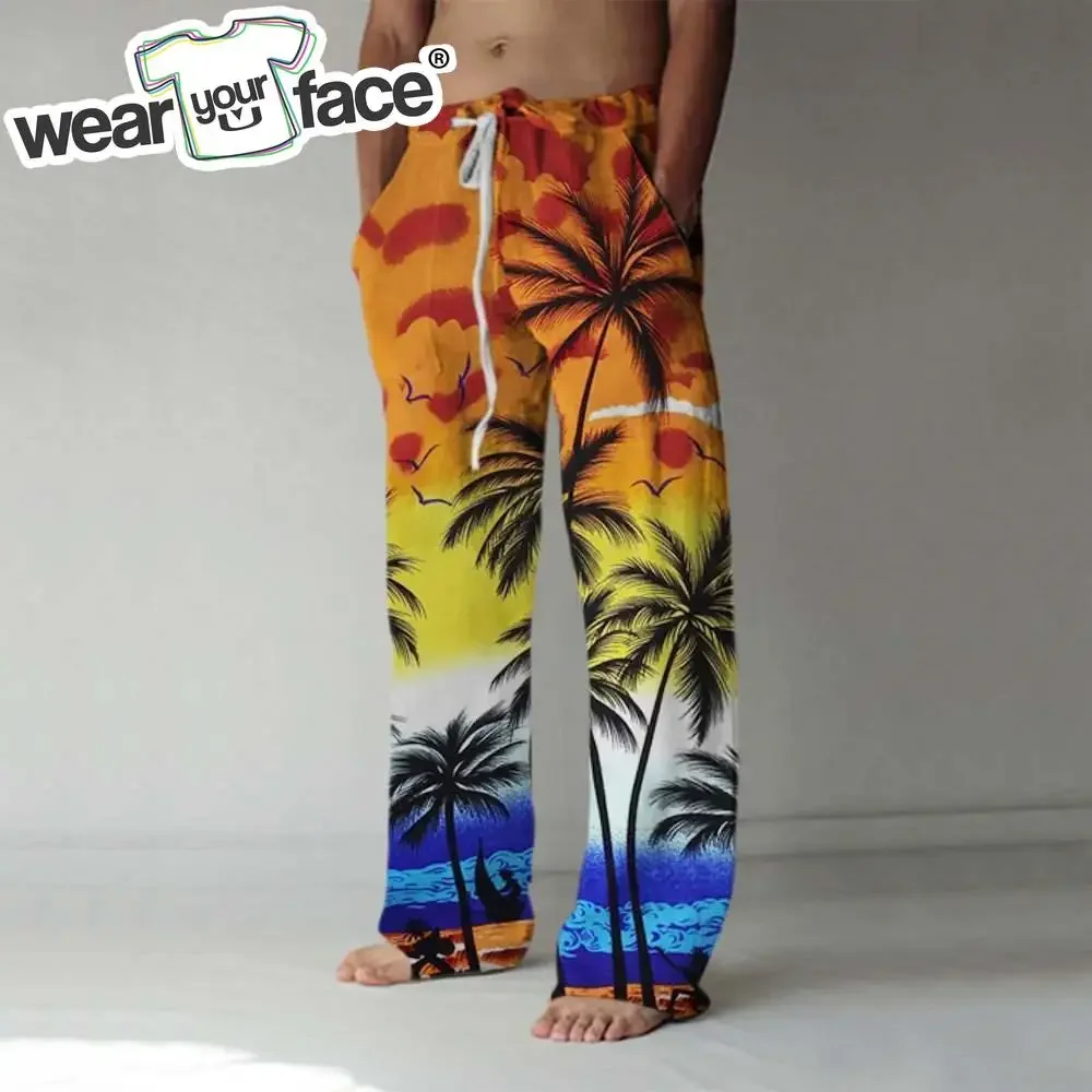 Summer Palm Tree Beach Printed Straight Wide Leg Pants Casual Hipster Streetwear Harajuku Joggers Trousers Women Men Clothing