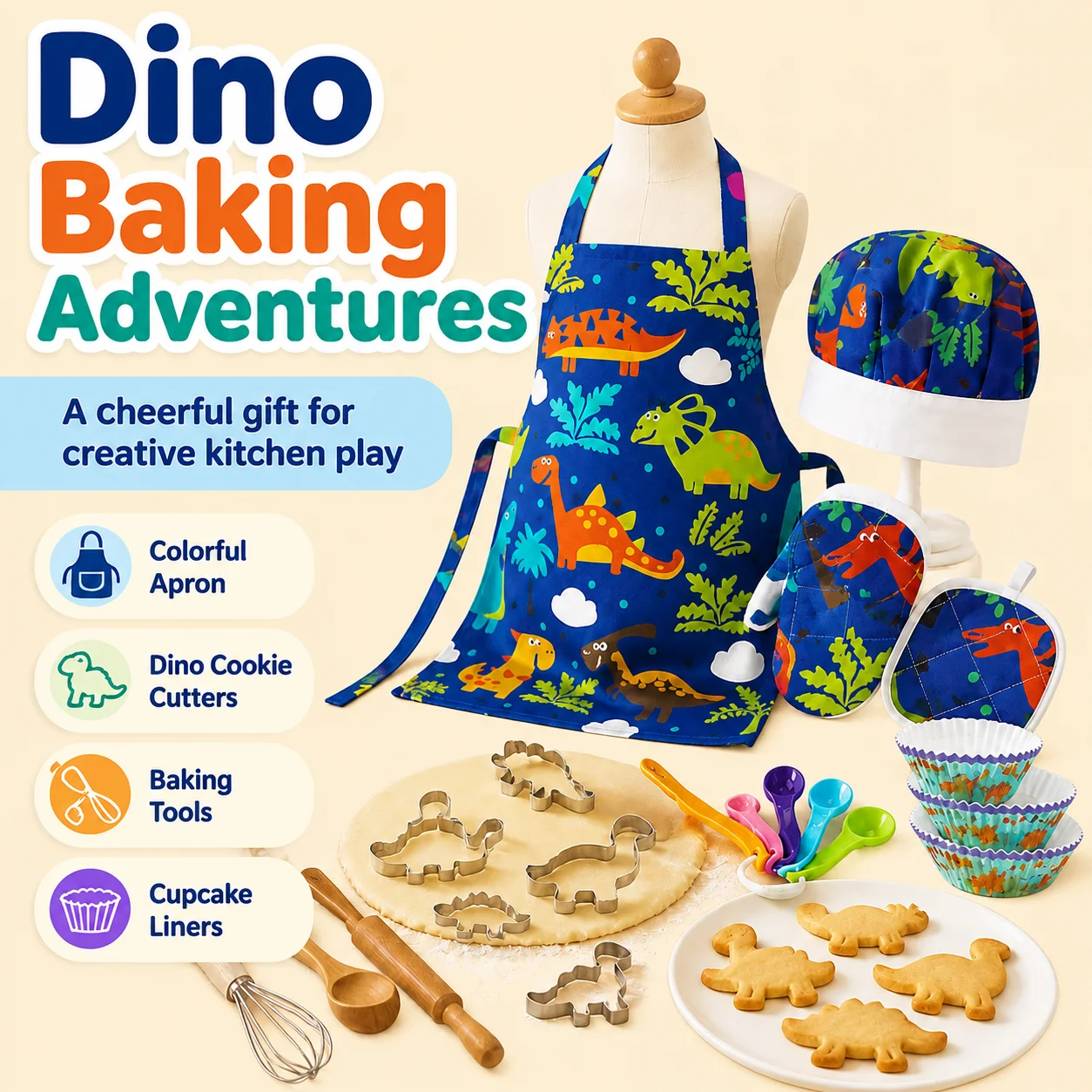 Dinosaur Kids Baking Set Chef Apron Hat Mitt Cooking Tools Kit Child DIY Cookie Cutters Cupcake Liners Kitchen Play Toy Gift view 3