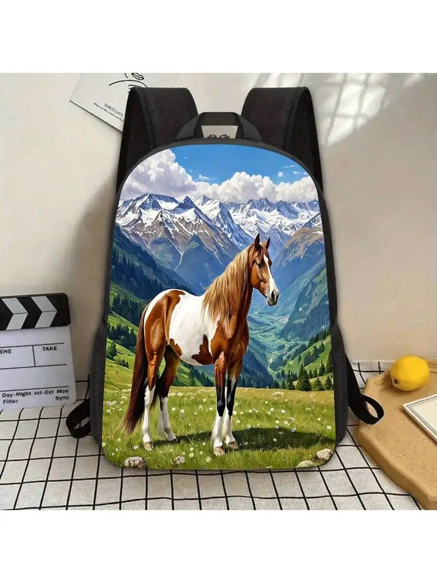 Oil Painting Horse Mountain Landscape Backpack 17 Inch Laptop Bag Polyester Casual Unisex Travel Backpack