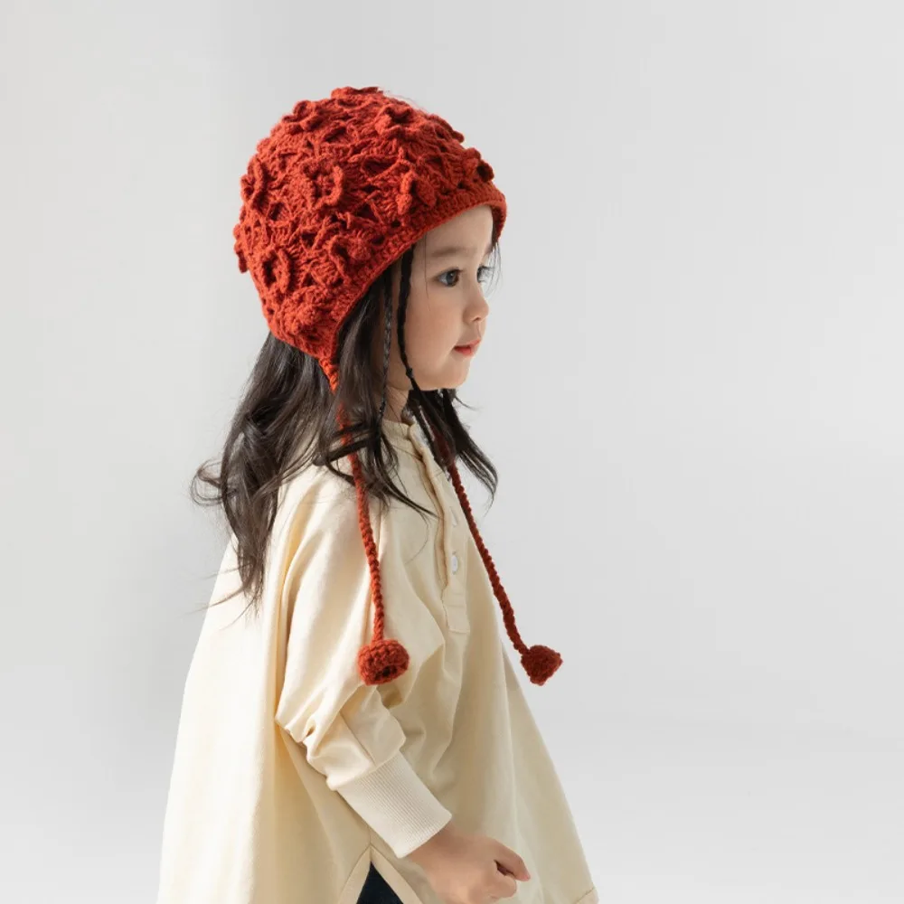 

Fashion Openwork Flower Hand Knitted Hat Ear Protection Solid Color Autumn Winter Hat Fringe Strap Keep Warm Kids Cap Girl