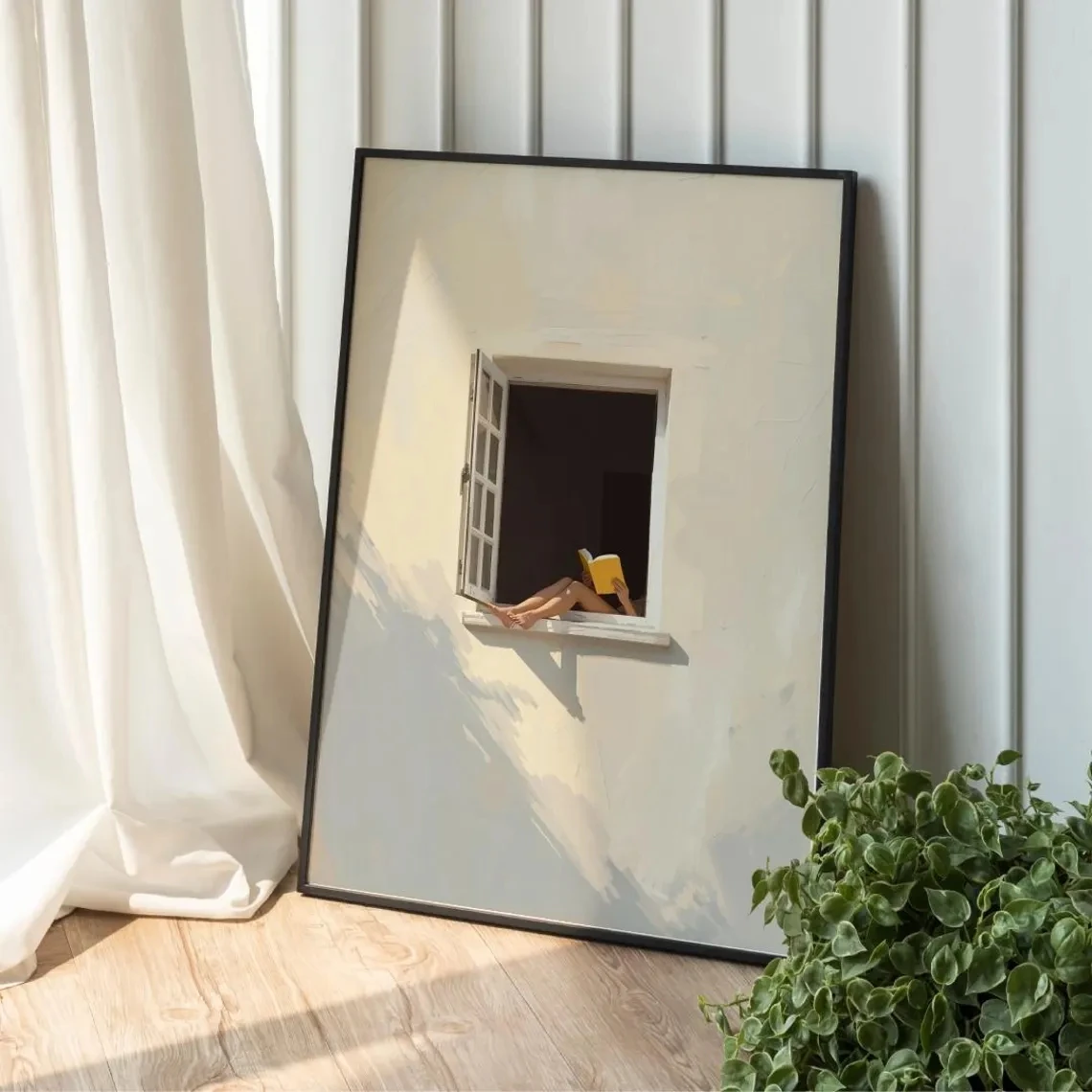 Window Minimalist Wall Art Poster Calm Summer Window Canvas Print Book Lover Wall Picture Soft Dopamine Aesthetic Home Decor
