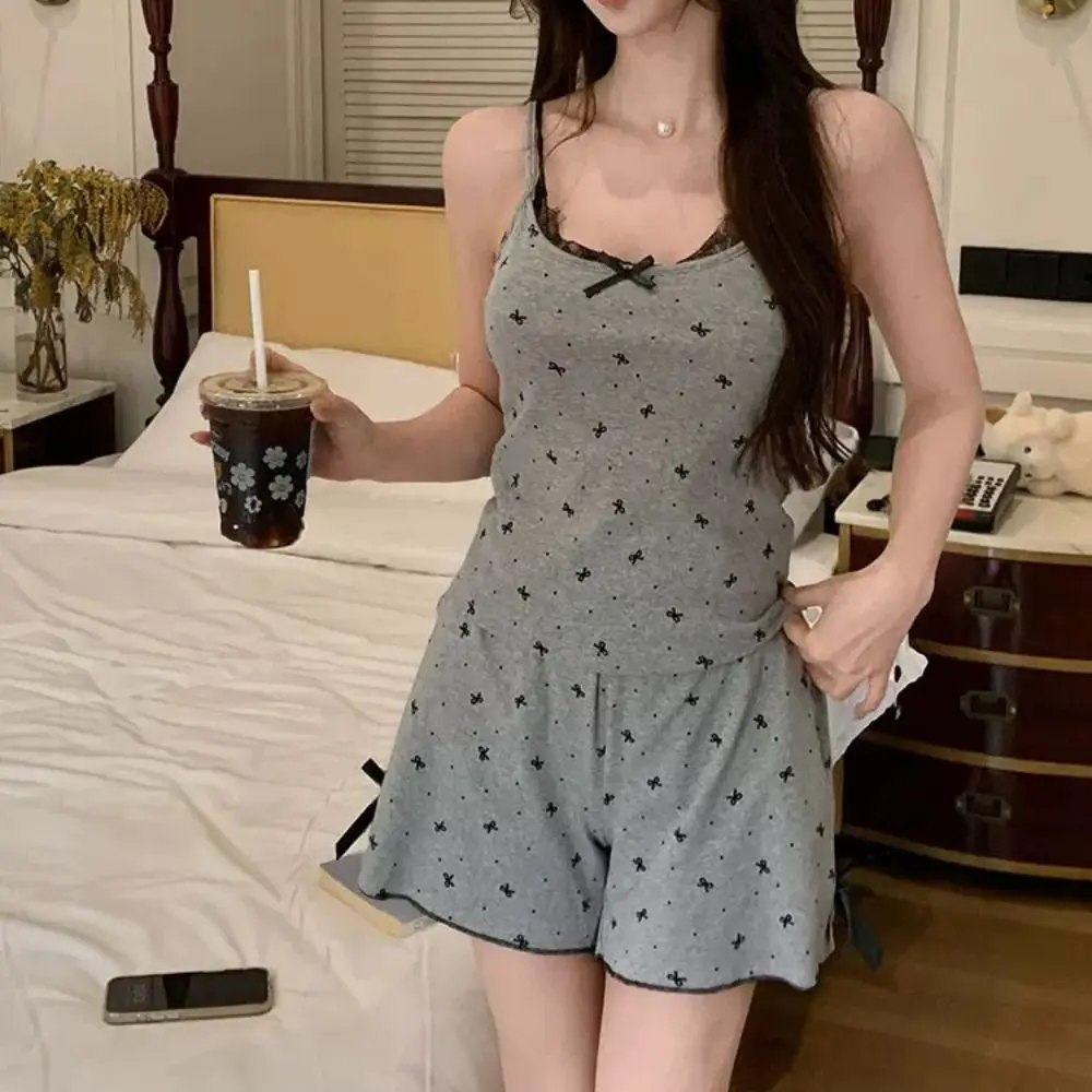 

Dot Lace Bowknot Pajama Suit Square Neck with Pads Two Pieces Nightwear Sleeveless Slim Fit Lace Sleepwear Sets Lady Girl