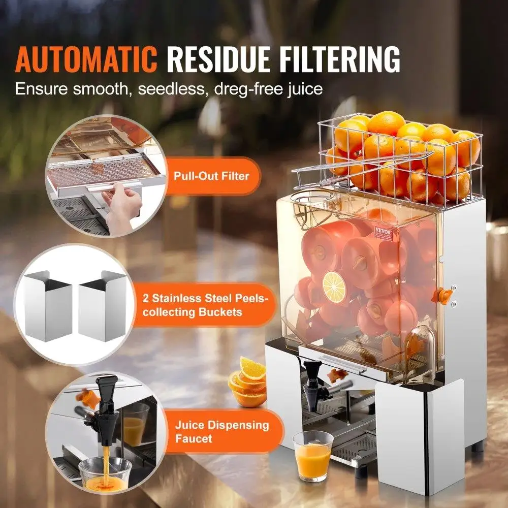 Commercial Orange Juicer 120W Automatic Juice Extractor with Water Tap Stainless Steel Squeezer 20 Oranges per Minute Pull Out