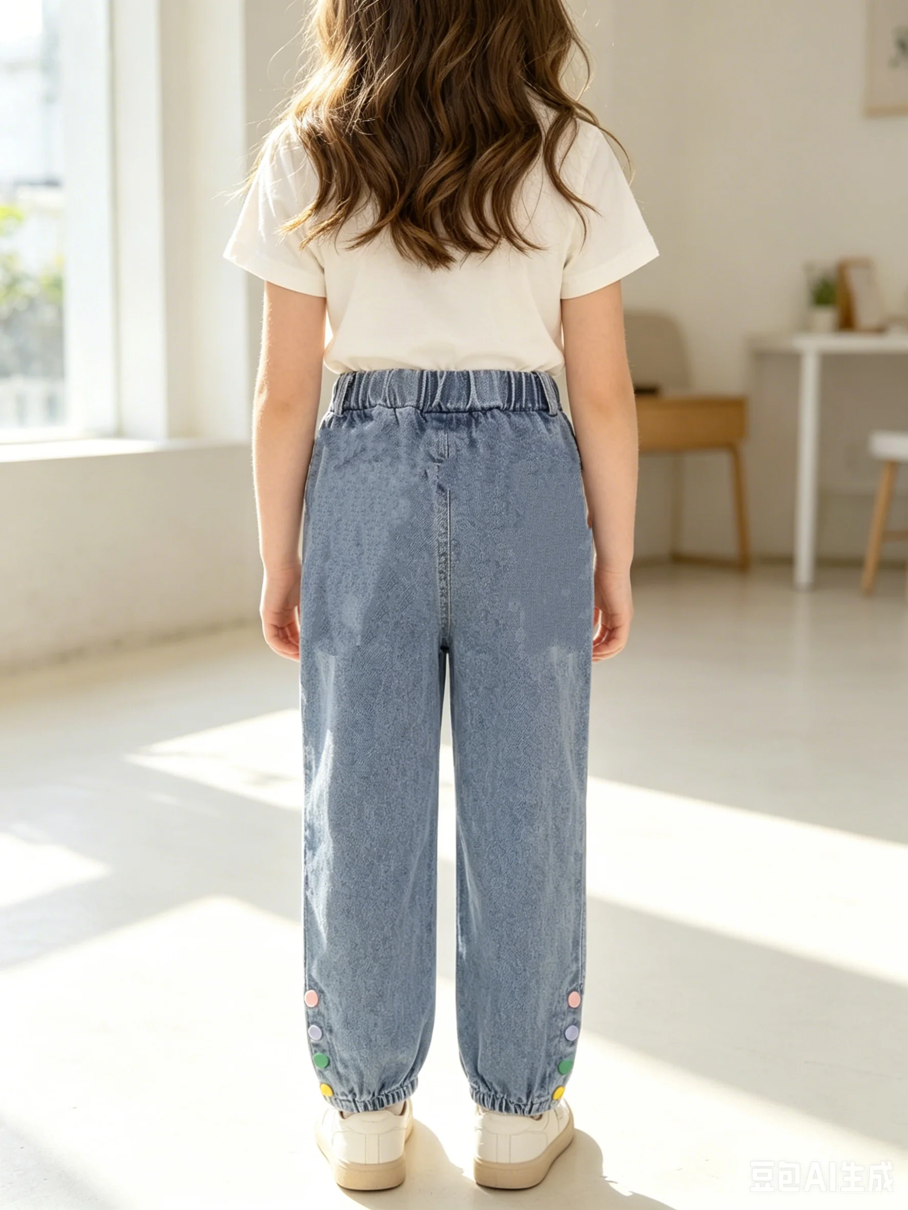 Girls Spring Autumn Rainbow Heart Embroidery Cuffed Jeans Children’s Elastic Waist Casual Long Pants 2 Girls Spring Autumn Rainbow Heart Embroidery Cuffed Jeans Children's Elastic Waist Casual Long Pants 2