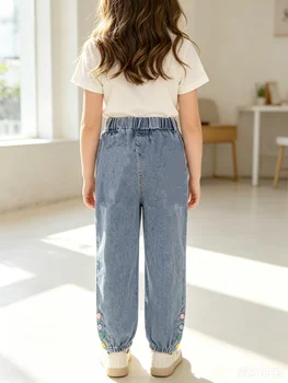 Girls Rainbow Heart Embroidered Cuffed Jeans 2 Girls Spring Autumn Rainbow Heart Embroidery Cuffed Jeans Children's Elastic Waist Casual Long Pants 2