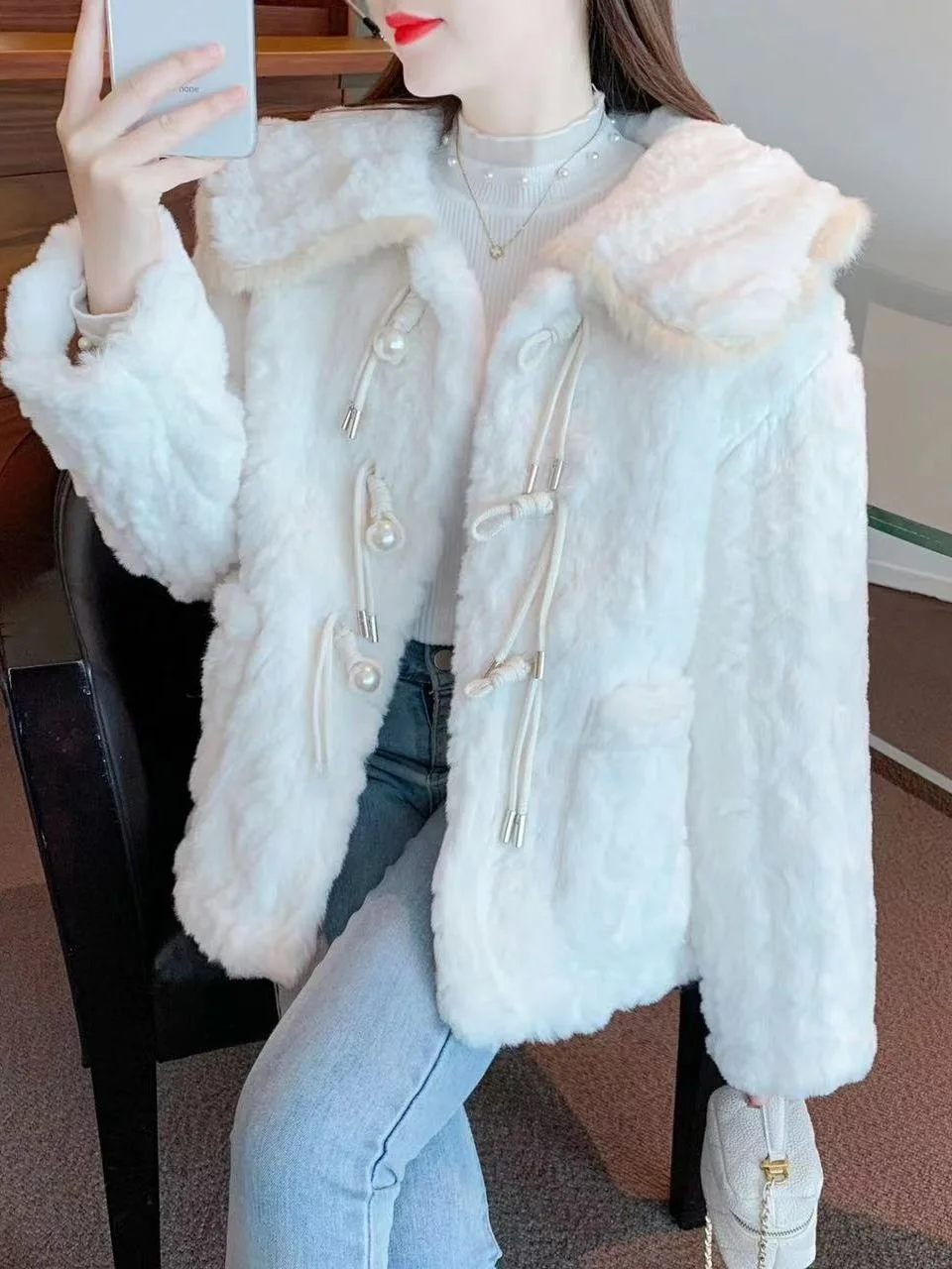 เสื้อโค้ทขนแกะสไตล์เกาหลีสำหรับผู้หญิง รุ่น Thiened สำหรับฤดูหนาว ไซส์เล็ก ทำจากหนังและขนสัตว์