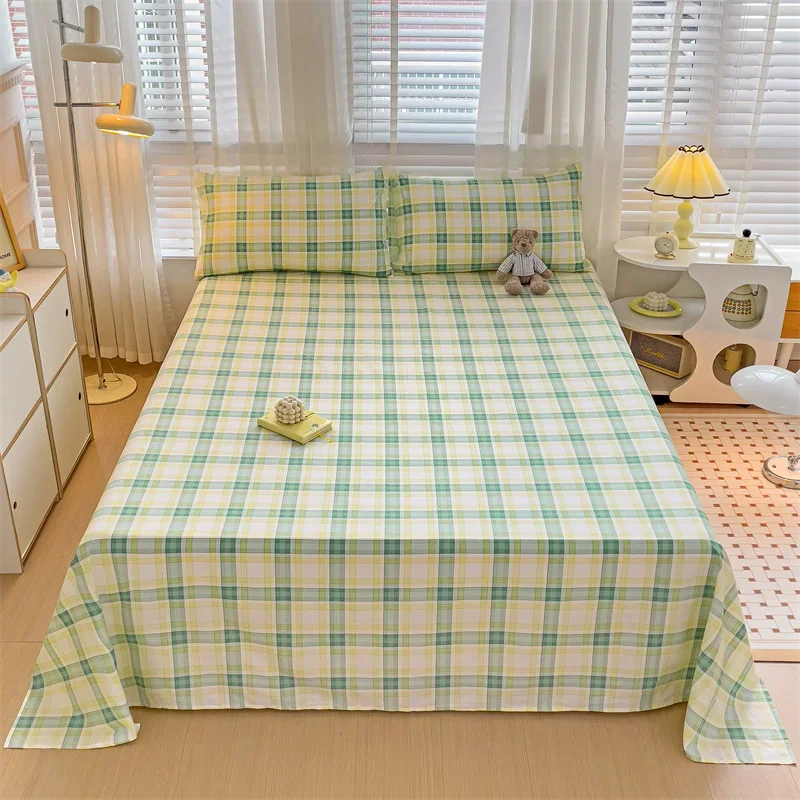 Green Yellow Plaid Cotton Flat Sheet Queen Geometric Bedsheet 3 Piece Buffalo Gingham Flat Sheets Grid Bedding for Adult Bedroom