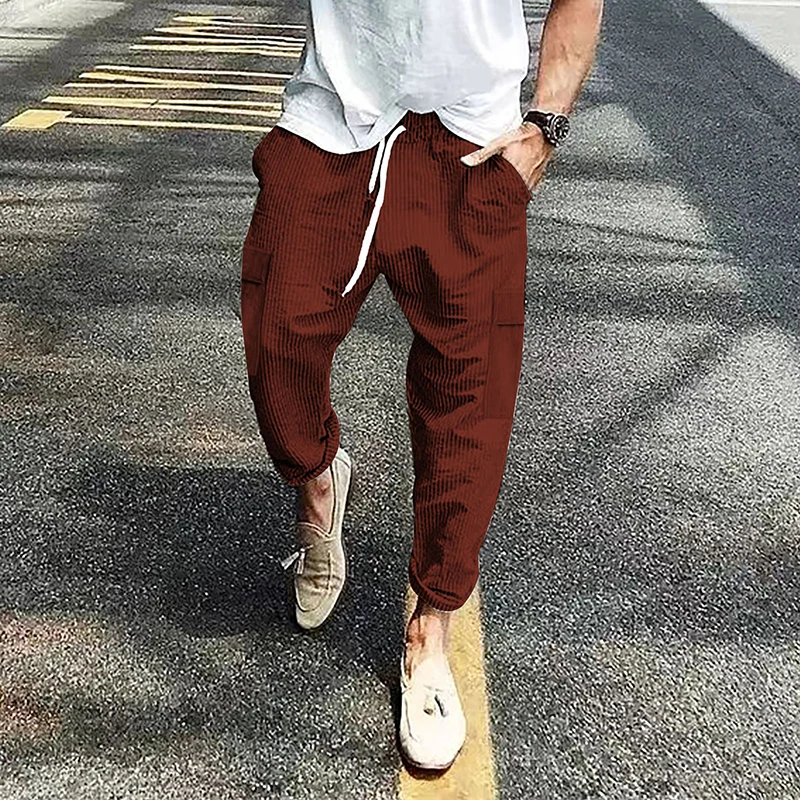 2025 Summer Trendy Corduroy Mens Cargo Pants Stylish Solid Color Loose Trousers Men Vintage Multi Pockets Texture Straight Pants
