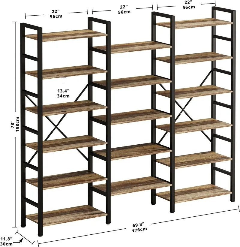 Bücherregale aus Eisen 6 Ebenen dreifach breites industrielles Bücherregal, großes Etagere-Bücherregal Offene Verkaufs regale mit Metallrahmen