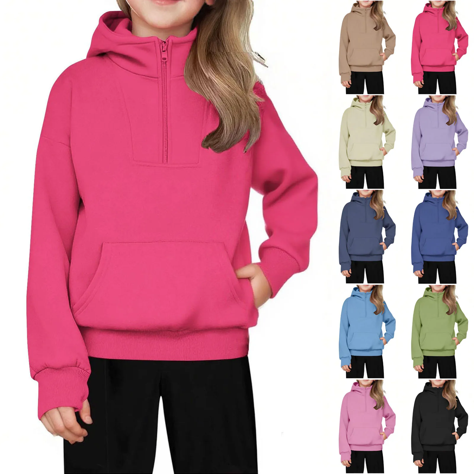 

Girls Hooded Half Zip Pullover Sweatshirt Autumn Fleece Lined Loose Fashion Solid Color Hoodie Daily Casual Hooded Sweatshirt