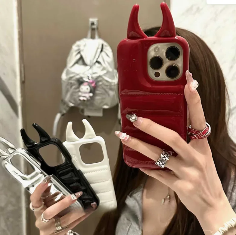 

Patent leather down three-dimensional horn for iPhone16promax phone case 15 protective case 13/14 hard case