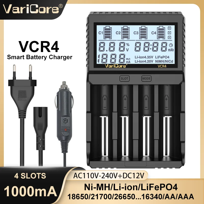 

VariCore VCR4 18650 Smart Charger LCD Display Universal Fast Charger For Li-ion Ni-MH with Capacity Test & 2A Fast Charge