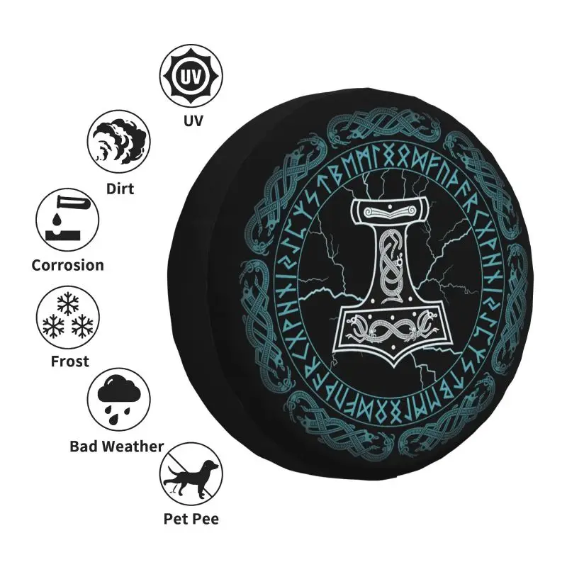 Mjolnir Hammer Of Thor Runes Spare Tire Cover for Grand Cherokee Jeep RV SUV Trailer Viking Car Wheel Protector Covers