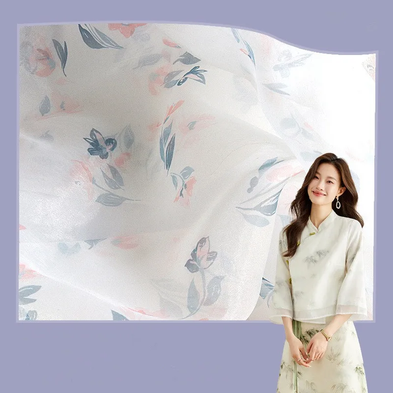 148cm Wide Floral Organza Fabric Sheer Polyester Cloth for Kids Dress Hanfu,Lightweight DIY Sewing Material By Meter