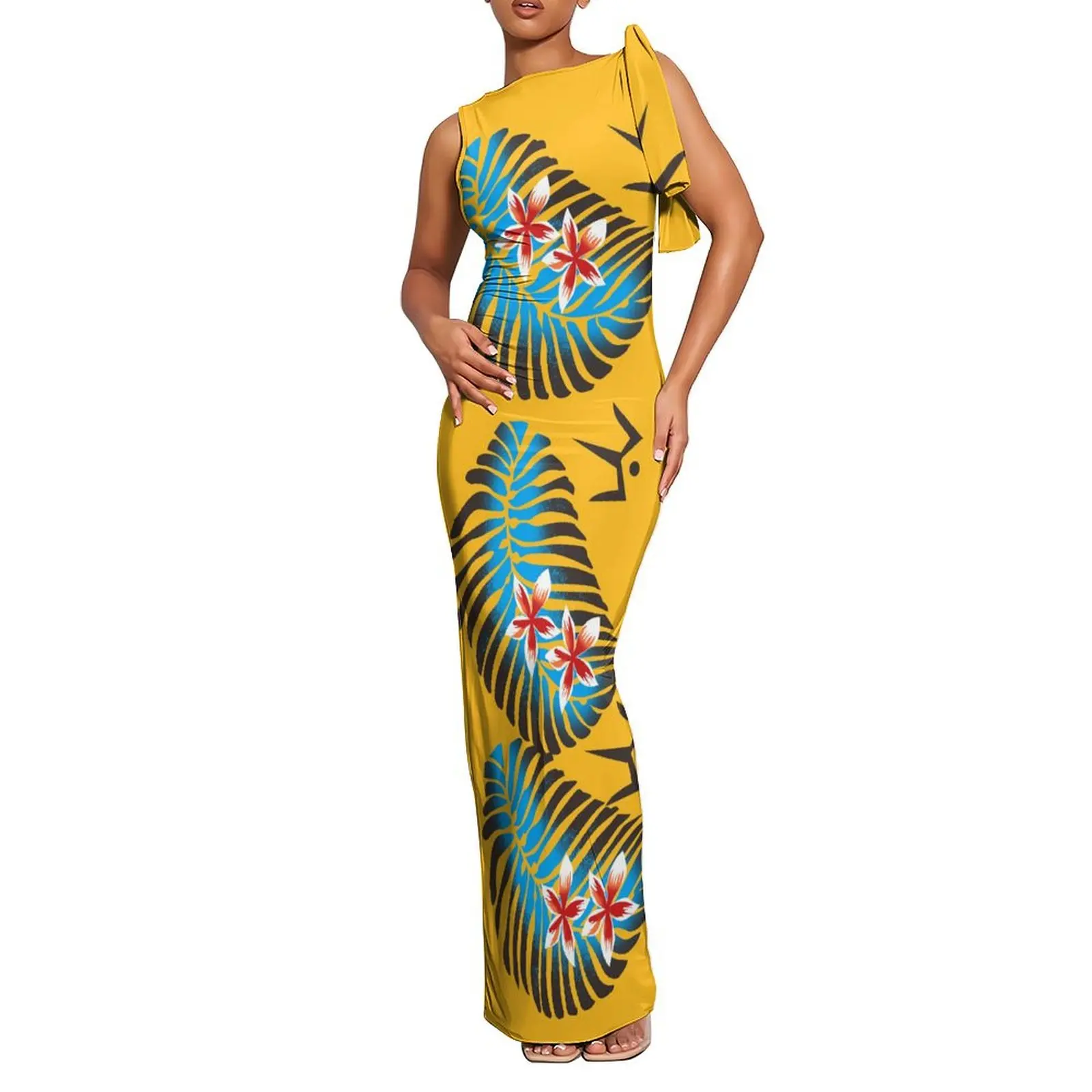 ใหม่คุณภาพสูงโลโก้ที่กําหนดเองแขนกุด Tie-Up ฤดูร้อนพรหมชุดผู้หญิง Maxi ยาว Polynesian Tribal พิมพ์ Wrap Dress