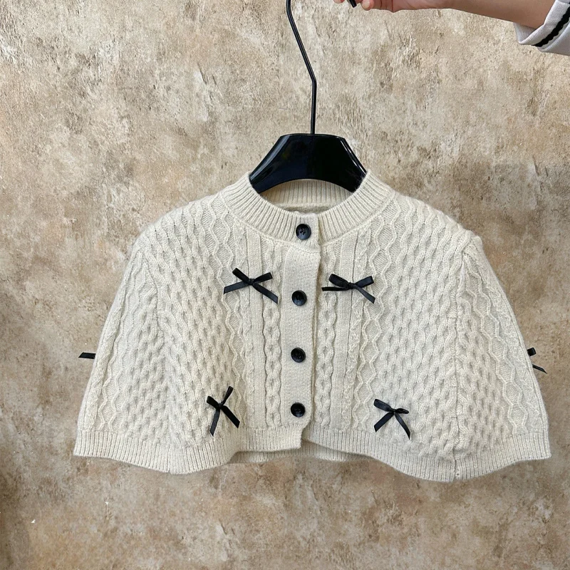 

2025Autumn Winter Girls Two-piece Set Bow Shawl Sweater Pullover Top Bulge Skirt Baby Sweater Western Style Suit