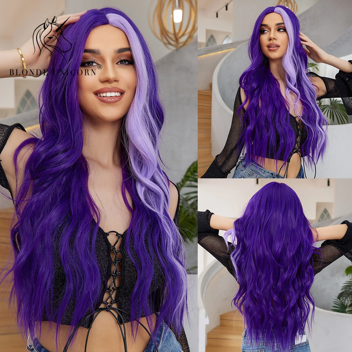 

Blonde Unicorn Purle Highlight Wig Long Wavy Synthetic Wigs no Bangs Cosplay Party Lolita Use Heat Resistant Fiber for Women