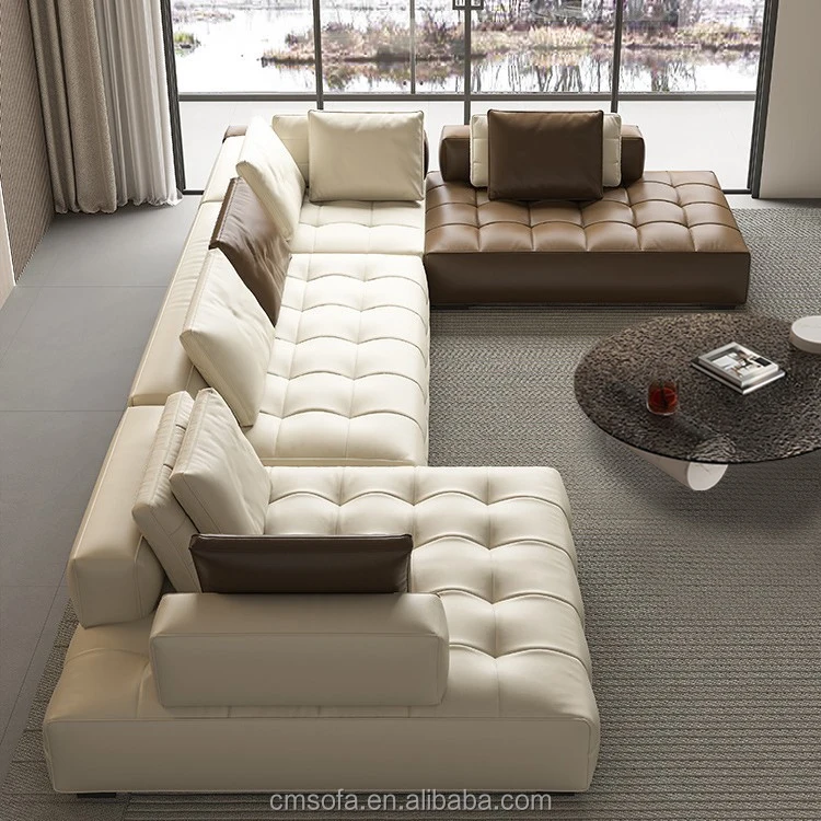 &Luxury L-shaped Sofa Set Villa Home Living Room Furniture Italian Modular Leather Large-sized Couch