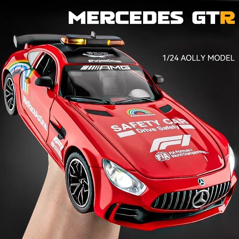 Mercedes-Benz GTR AMG Diecast Model Toy Car para crianças, carro de segurança, liga, som e luz, presente infantil, presente de aniversário, C382, 1:24